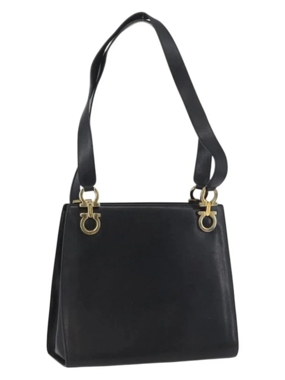 Salvatore Ferragamo Gancini Shoulder Bag Leather Black Gold Auth AMZ436